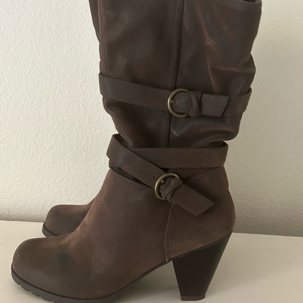 Brown suede mid calf boots